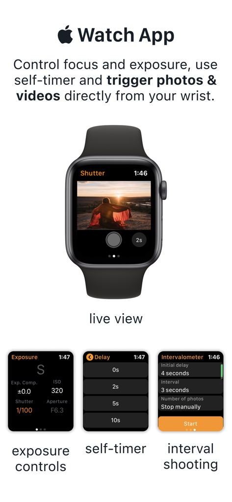 Shutter - Canon Camera Remote - Apple Watch app interface for Shutter remote control showing live view and exposure settings