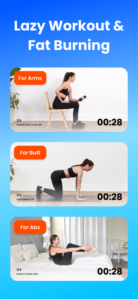 EasyFit - Female Workout - EasyFit app interface showing quick home workout routines for arms, glutes, and abs