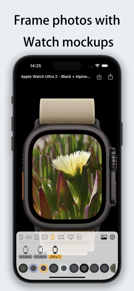 Framable app interface showing a photo of a flower inside an Apple Watch Ultra 2 device frame