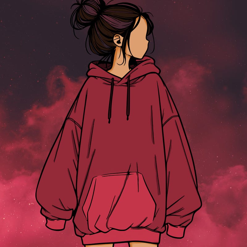 realistic girl with a oversized sweatshirt on and a bun