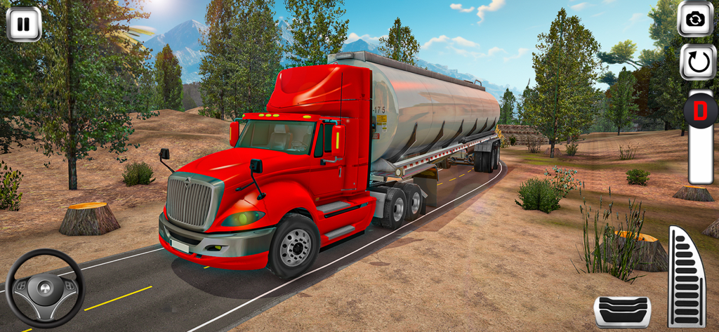 Truck Simulator Driver Games - A red semi-truck hauling a silver oil tanker on a scenic rural road in a truck driving simulator game.