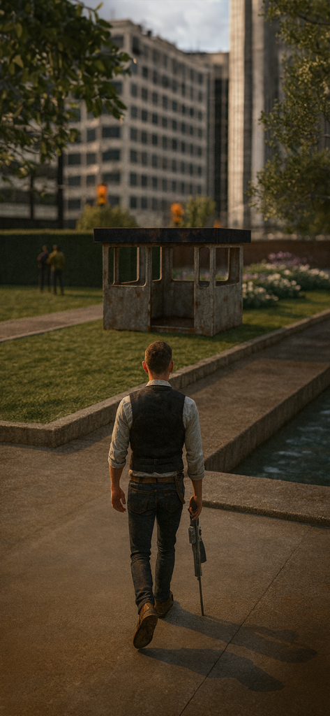 Sniper Shot Gun Shooting Game - A sniper operator carrying a rifle while walking through an urban park towards modern buildings