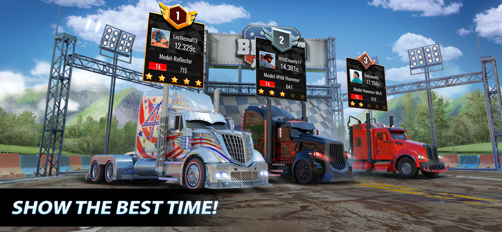 Big Rig Racing:Truck drag race - Three customized big rig trucks lined up at the starting line of a drag race with a player leaderboard displayed above them
