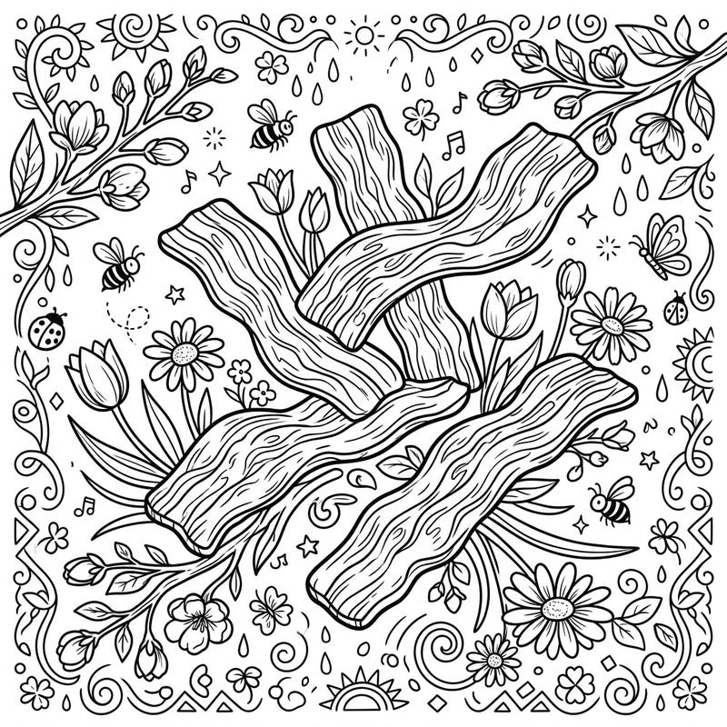 Get ready for a deliciously delightful coloring experience with our Spring Bacon Strips design! This whimsical page blends crispy bacon with fresh spring flowers, buzzing bees, and playful butterflies for unique creative fun.