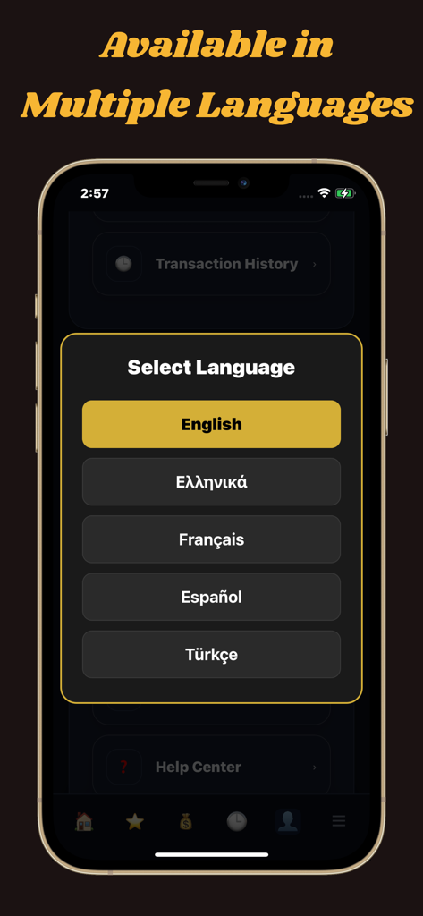 Language selection screen in the Tsapou AI Sports Forecasts app showing options for English Greek French Spanish and Turkish