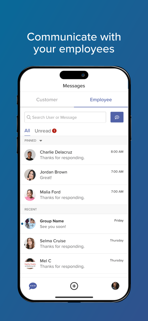 Connect: Business Messenger - Interface of the Connect app showing internal business messaging and employee communication list.