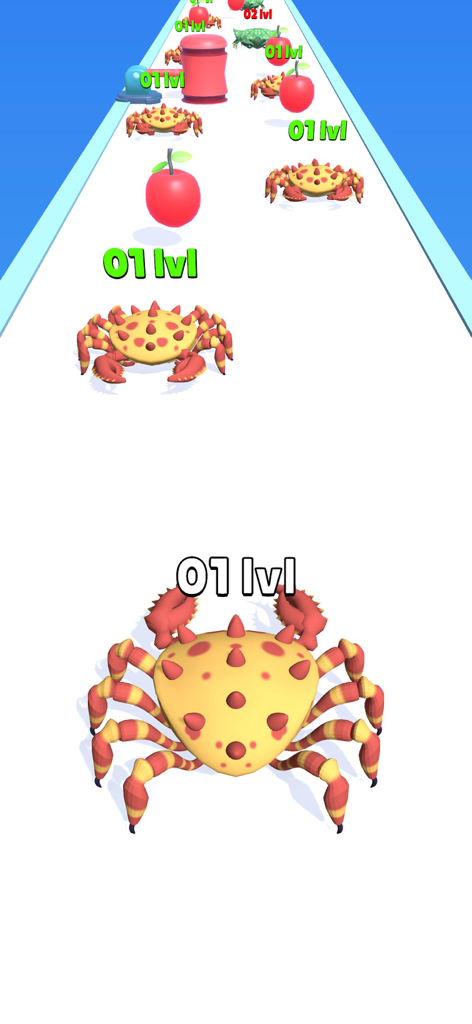 Crab Evolution Run - Screenshot of level one crabs on a runner track in Crab Evolution Run