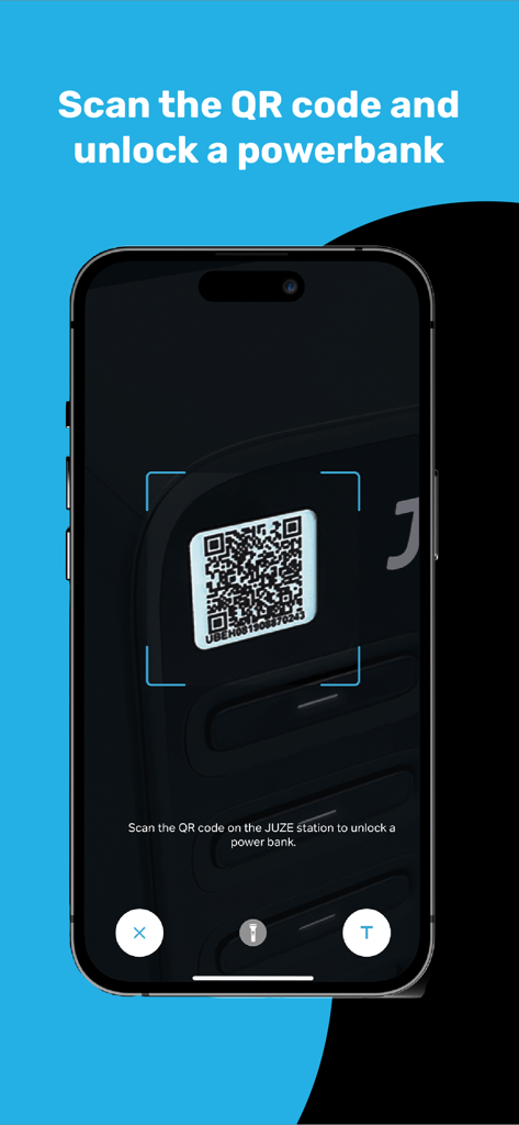 JUZE - Smartphone screen showing the JUZE app interface scanning a QR code to unlock a powerbank