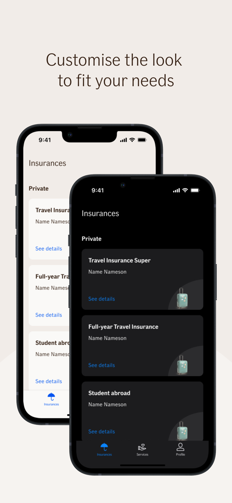 Display of the If travel insurance app in both light and dark mode themes showing various policy types