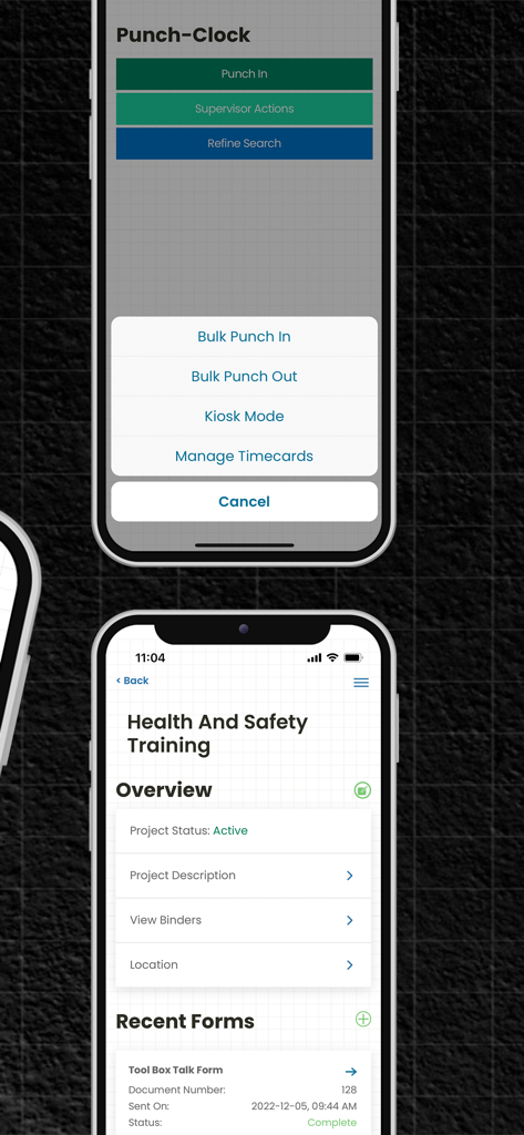 Corfix mobile app interface for construction timekeeping and safety documentation