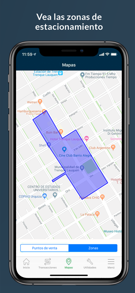 SEM Mobile - SEM Mobile app screen displaying a map with a highlighted purple parking zone in a city