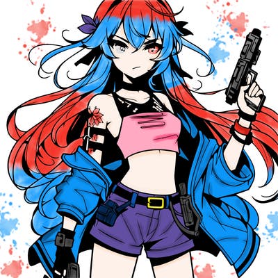 bad girl wearing crop top holding a gun long hair anime