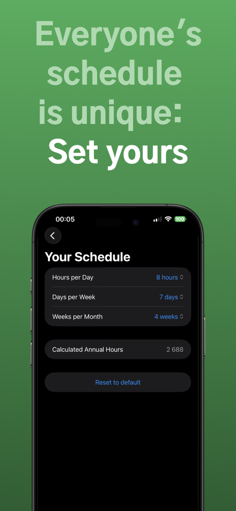 Timecostify: Cost in Time - Interface de l'application Timecostify pour définir des heures et un calendrier de travail personnalisés afin de calculer le coût en temps