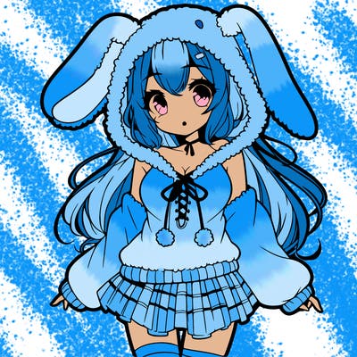 pretty anime girl wearing a fluffy hoodie with bunny ears on the hood and a skirt