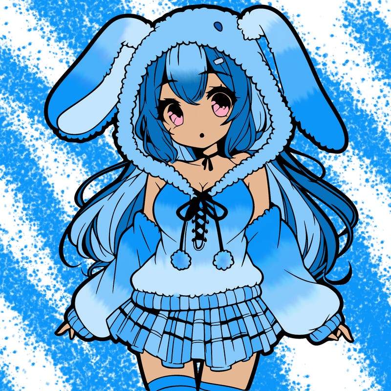 pretty anime girl wearing a fluffy hoodie with bunny ears on the hood and a skirt