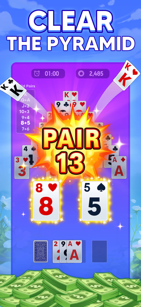 Pyramid Solitaire: Win Cash - Pyramid Solitaire gameplay screen showing a pair totaling thirteen and stacks of cash