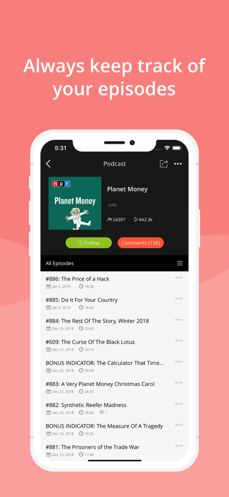Podbean app screen showing a list of tracked podcast episodes