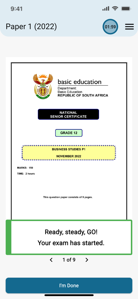 ExamEase - ExamEase mobile app displaying a Grade 12 Business Studies past paper with an active exam timer