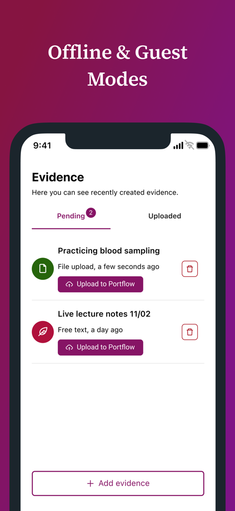 Portflow - Screenshot of Portflow app showing offline and guest modes with pending evidence items like blood sampling and lecture notes