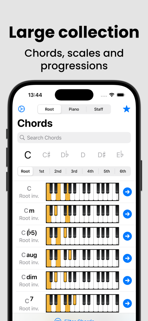 Piano Chords and Scales - Mobile app interface showing a list of piano chords with visual keyboard diagrams