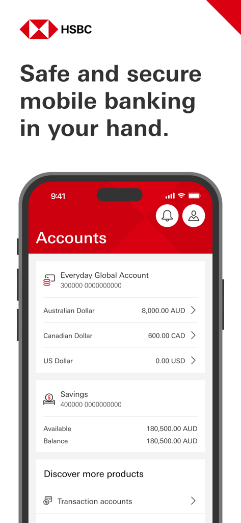 HSBC Australia - Application bancaire mobile HSBC Australie affichant les comptes et les soldes multidevises.