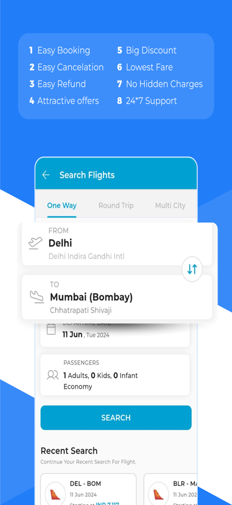 Écran de recherche de vols pour l'application Happy Easy Trip présentant les avantages de voyage et les options de réservation