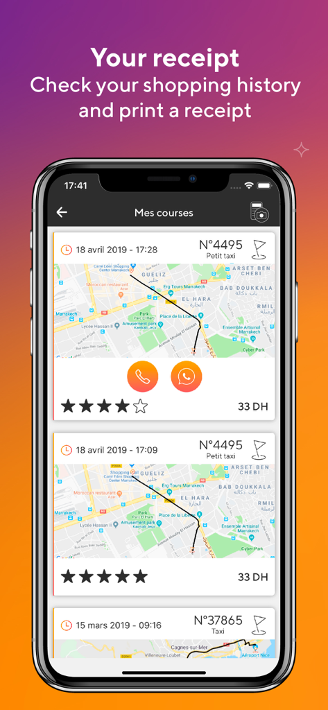 Interfaccia dell'app roby taxi che mostra la cronologia delle corse con mappe e costi dei viaggi