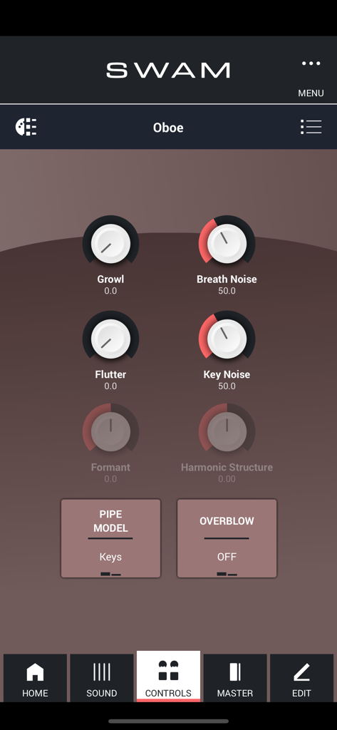 SWAM Oboe - La interfaz de controles de la aplicación SWAM Oboe que muestra parámetros de sonido ajustables como Growl, Breath Noise y Key Noise.