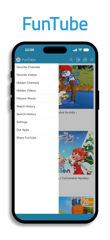 FunTube. - FunTube app sidebar showing parental control settings and video management options