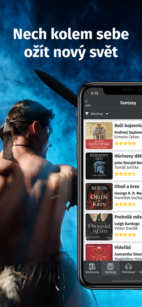 Audiolibrix - Audioknihy - Audiolibrix mobile app interface showing a list of fantasy audiobooks in Czech