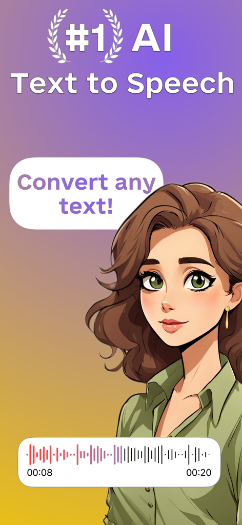 My Voice - Text To Speech - Promotional graphic for My Voice app highlighting AI text to speech conversion with an illustrated character and audio waveform.