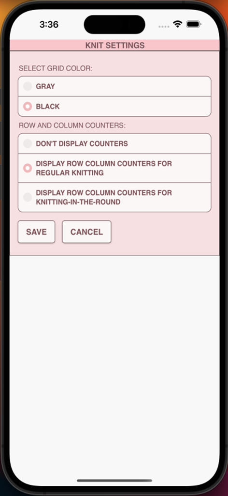 KnitPatternCreator - KnitPatternCreator settings screen for selecting grid color and row counter options