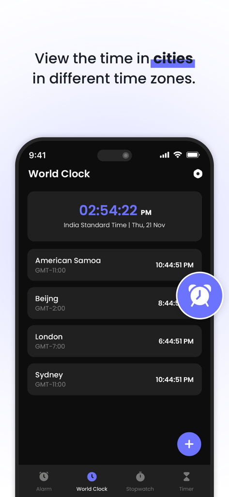 Clock : Alarm Clock & Timer - A smartphone screenshot of the World Clock feature showing current times for different global cities including Beijing, London, and Sydney.