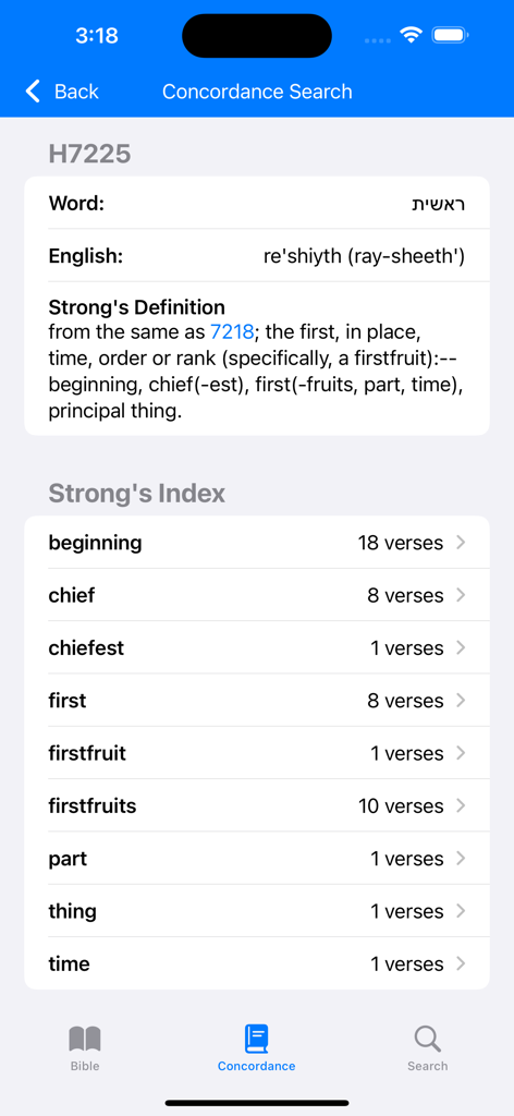 Strong's Concordance 2 - Strong's Concordance search results for a Hebrew word showing definitions and verse counts