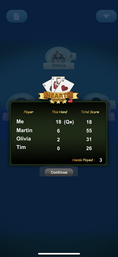 Hearts Card Game Classic - Tabellone che mostra i punti per ogni giocatore nell'app Hearts Card Game Classic