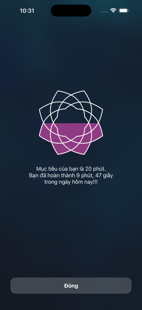 Meditation progress screen in the Thien Duong Dai app showing minutes completed toward a daily goal with a geometric floral icon.