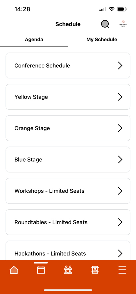 Reuters Events app interface displaying the event agenda and conference schedule categories including stages and workshops