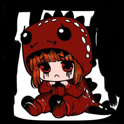 sad girl in dinosaur onesie