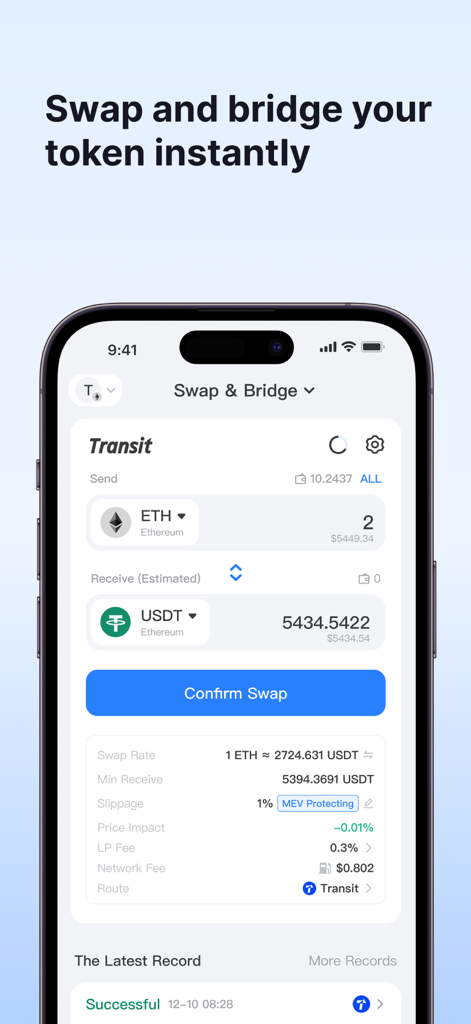 TokenPocket: Crypto & Bitcoin - TokenPocket app interface showing a cryptocurrency swap from ETH to USDT with transaction details