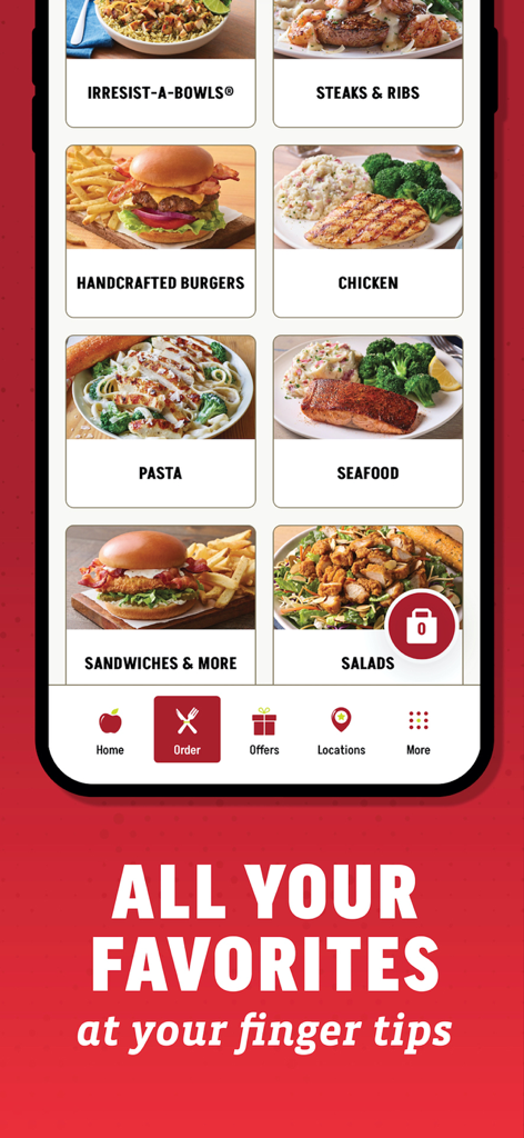 Applebee's app screen displaying menu categories like burgers and pasta