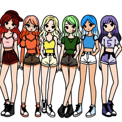 a group of girls wearing crop tops and shorts