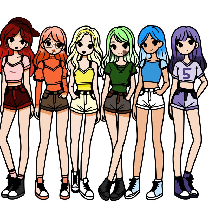 a group of girls wearing crop tops and shorts