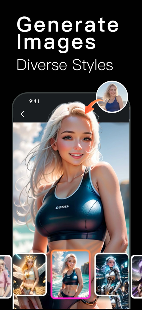 AI Chatlulu:All-in-One Tools - Una schermata di app mobile che mostra la generazione di immagini AI in diversi stili artistici basati su un ritratto dell'utente.