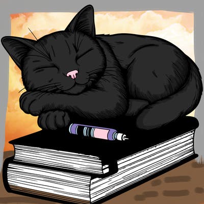 realistic cat sleeping by a book