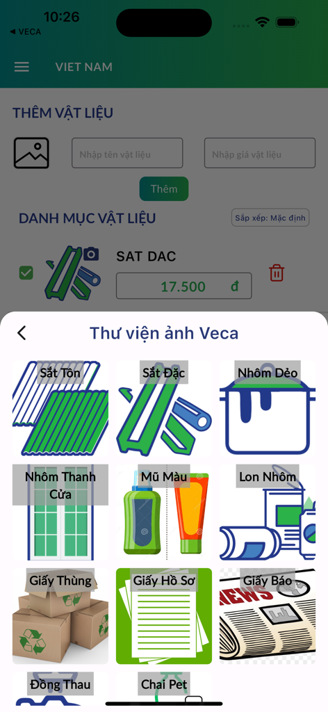 Veca Vua Ve Chai - Interfaz de la aplicación Veca que muestra una biblioteca de fotos para seleccionar categorías de materiales reciclables como chatarra, papel y plástico.