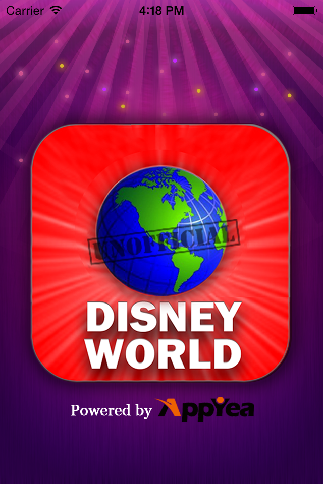 Splash screen of the Wait Time For Disney Orlando app featuring a globe icon and unofficial stamp