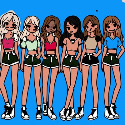 a group of girls wearing crop tops and shorts