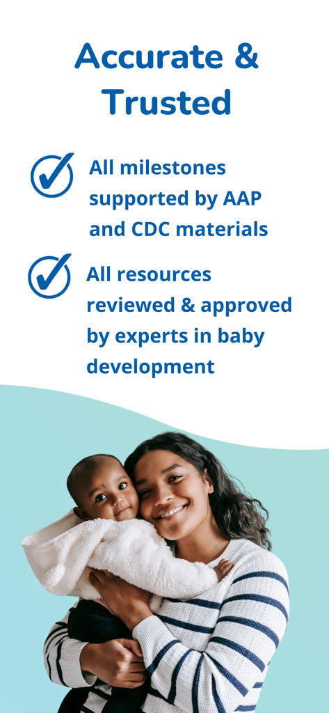 Pathways.org Baby Milestones - A mother smiling while holding her baby next to text about expert-backed developmental milestones