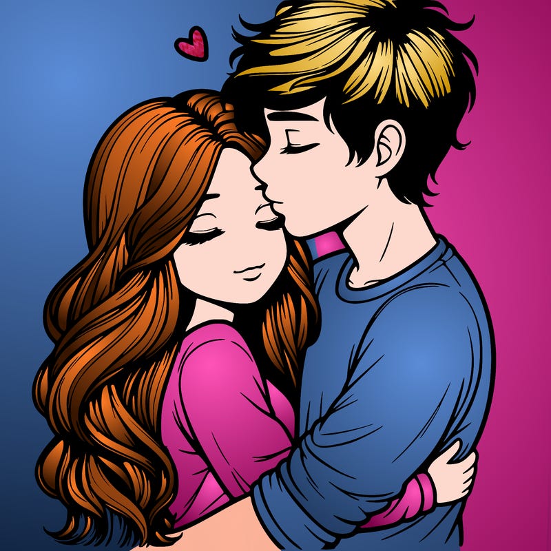 a realistic couple boy and girl hugging and kissing