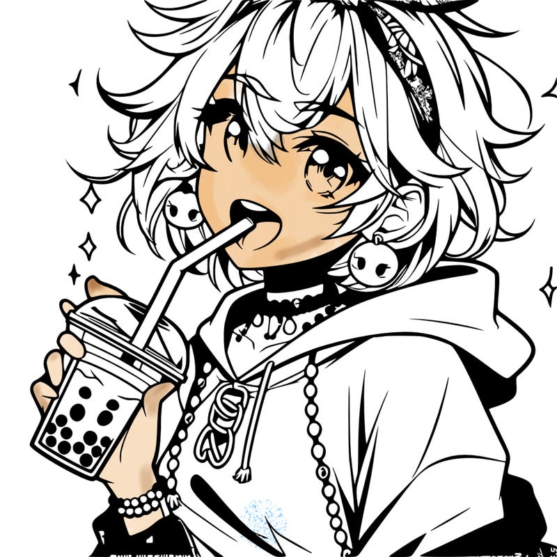 hot baddie anime girl drinking boba and biting the straw